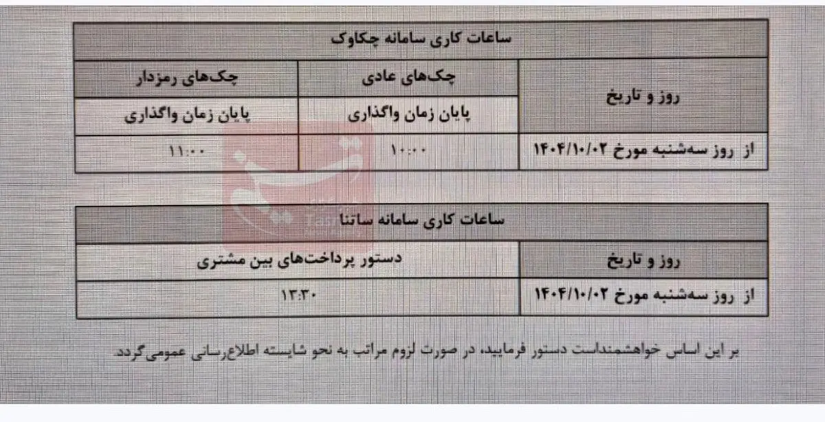 ساعت کاری جدید ساتنا و چکاوک
