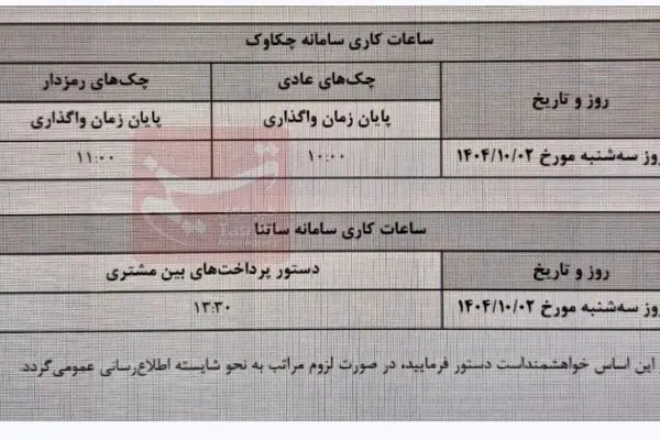 ساعت کاری جدید ساتنا و چکاوک