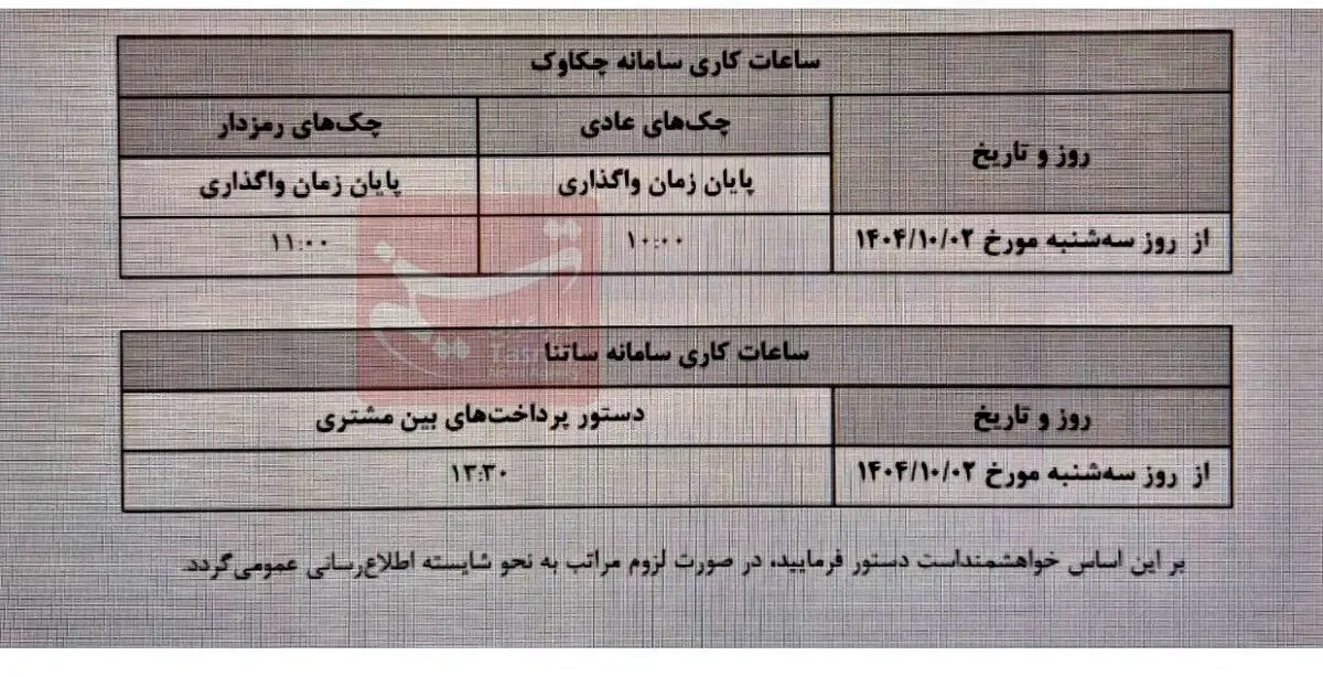ساعت کاری جدید ساتنا و چکاوک
