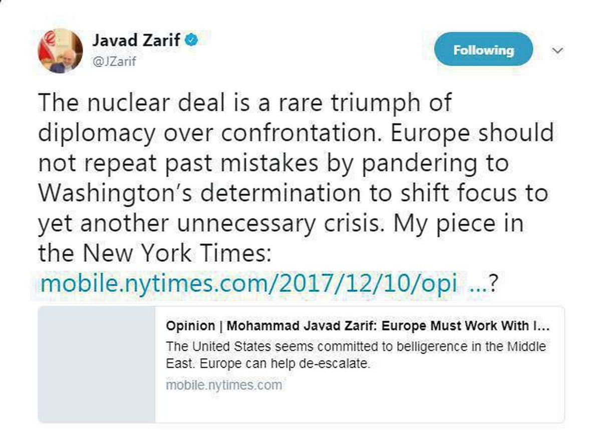 توئیت جدید ظریف: اروپا اشتباه گذشته را تکرار نکند/ عکس