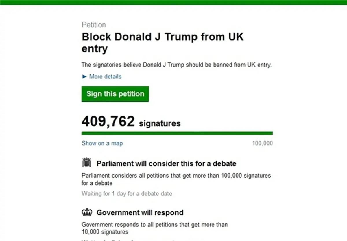 طومار ممنوعیت ورود «ترامپ» به انگلستان از مرز ۴۰۰ هزار امضا گذشت