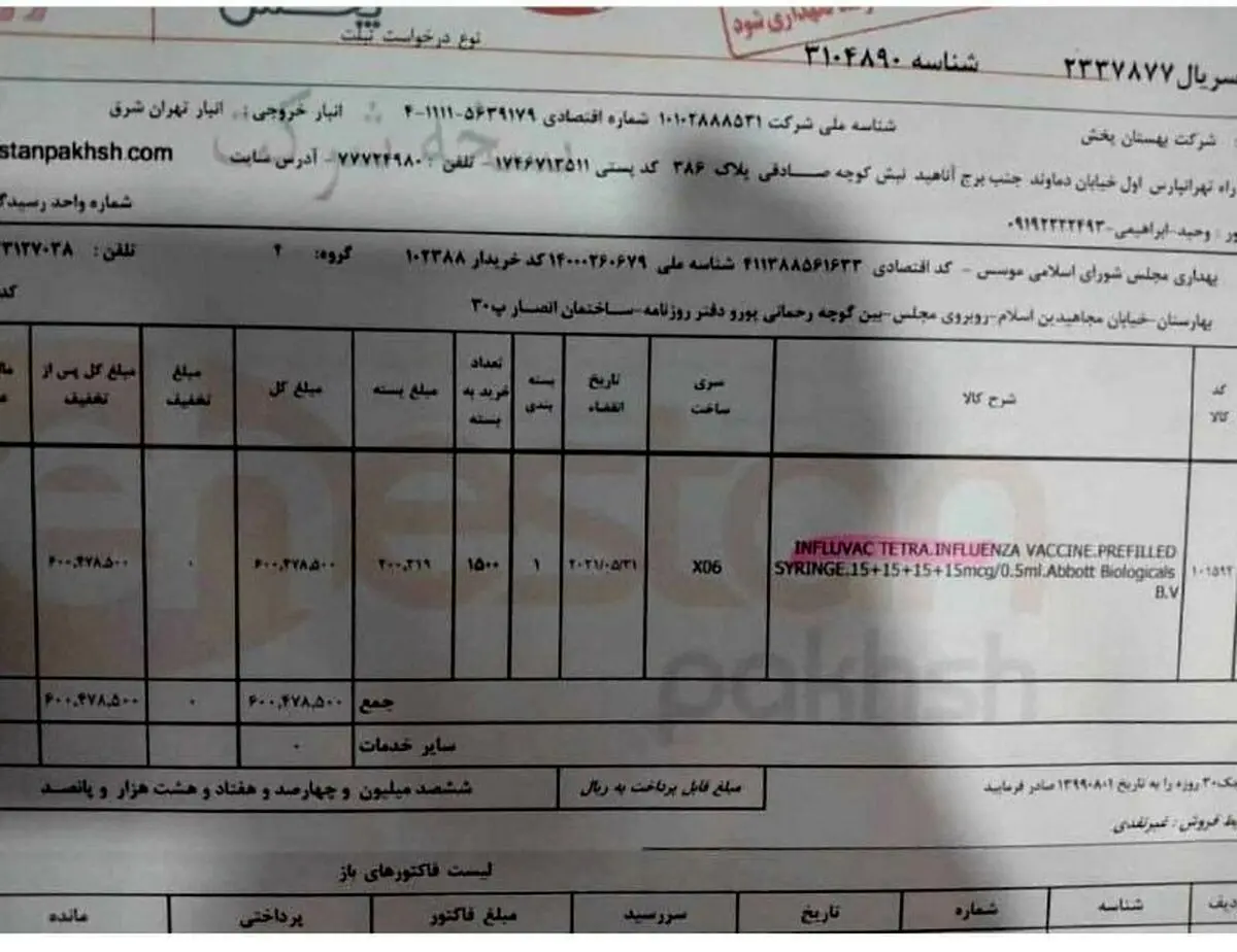 ۱۵۰۰ واکسن آنفلوآنزا به مجلس تحویل داده شد