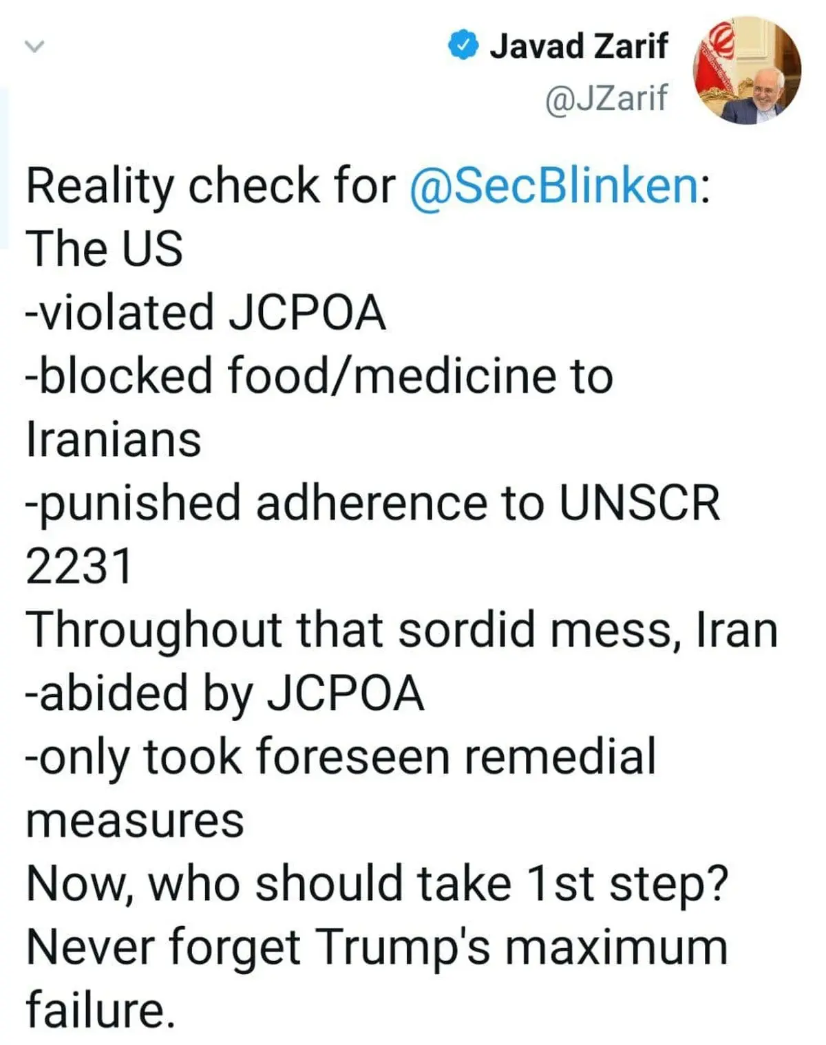 پاسخ ظریف به وزیر خارجه جدید آمریکا: شکست حداکثری ترامپ را فراموش نکن!