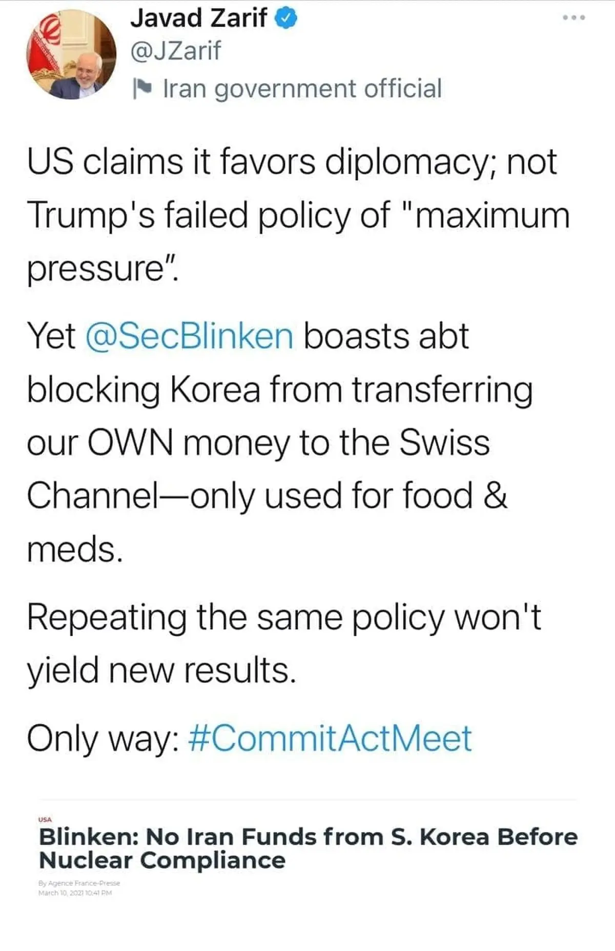 ظریف: دولت بایدن همان سیاست شکست‌خورده‌ ترامپ را دنبال می‌کند