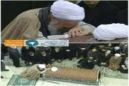گریه آیت‌الله موحدی کرمانی بر پیکر آیت‌الله هاشمی/عکس