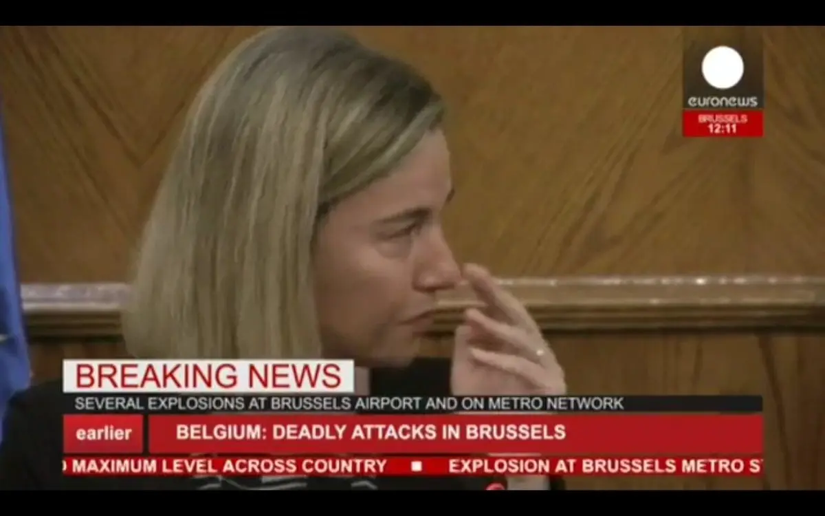 اشک‌های موگرینی زمان شنیدن انفجارهای بروکسل/عکس