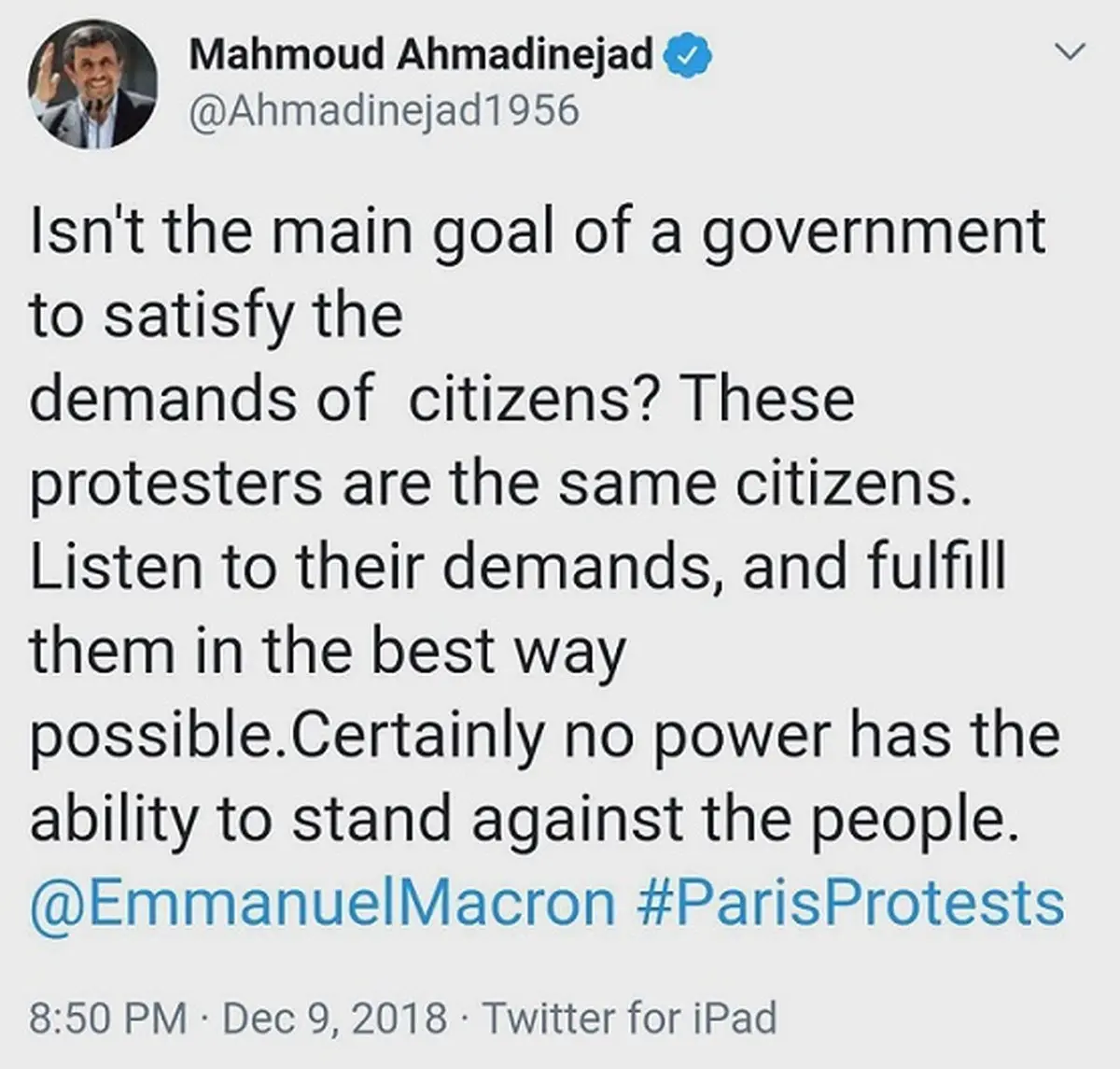 توصیه احمدی نژاد به مکرون: به خواسته های مردم توجه کن! + عکس