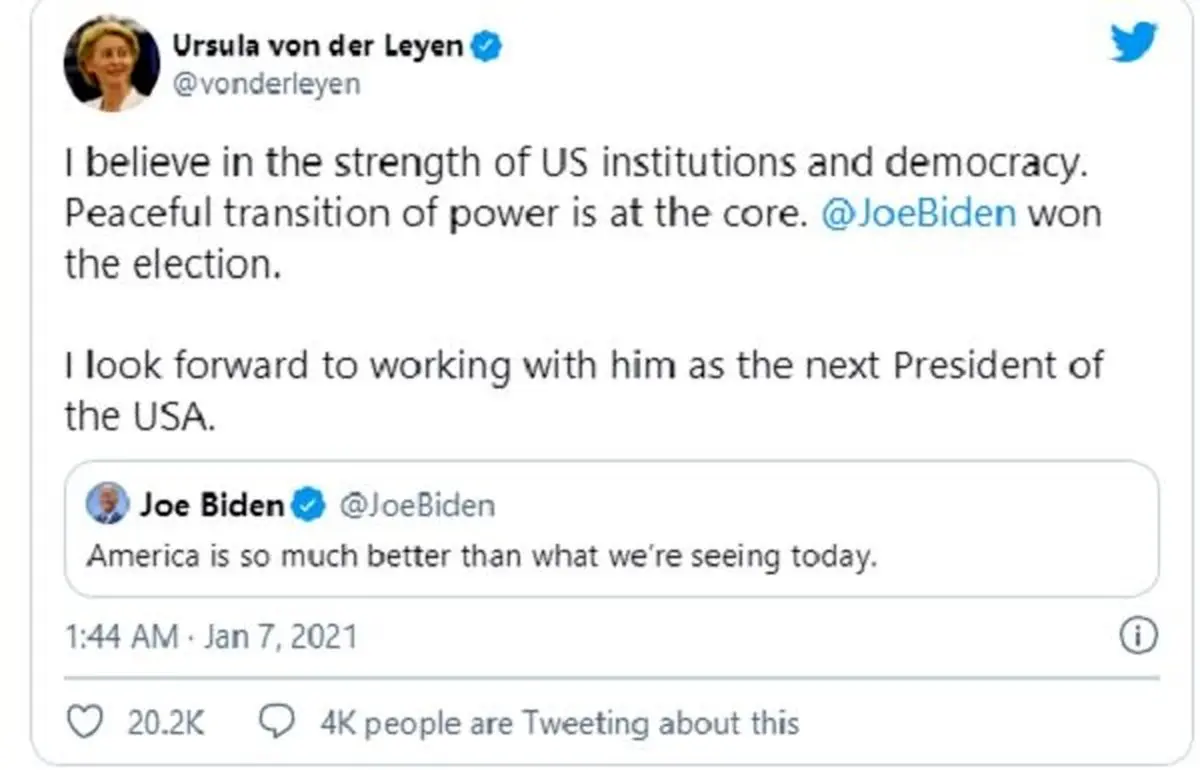 رهبران اروپا در شوک حمله به ساختمان کنگره آمریکا