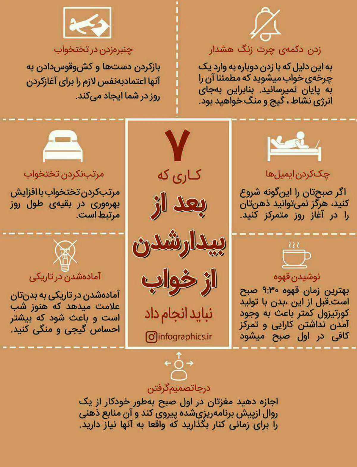 7 کاری که بعد از بیدار شدن از خواب نباید انجام دهیم + اینفوگرافی
