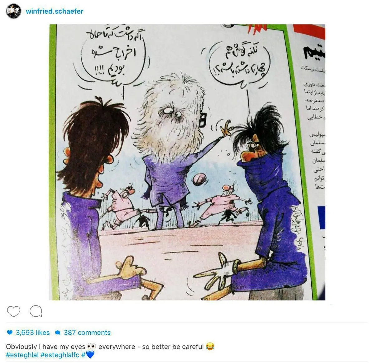 واكنش اينستاگرامى وينفرد شفر به كاريكاتور روزنامه خبرورزشى/عکس