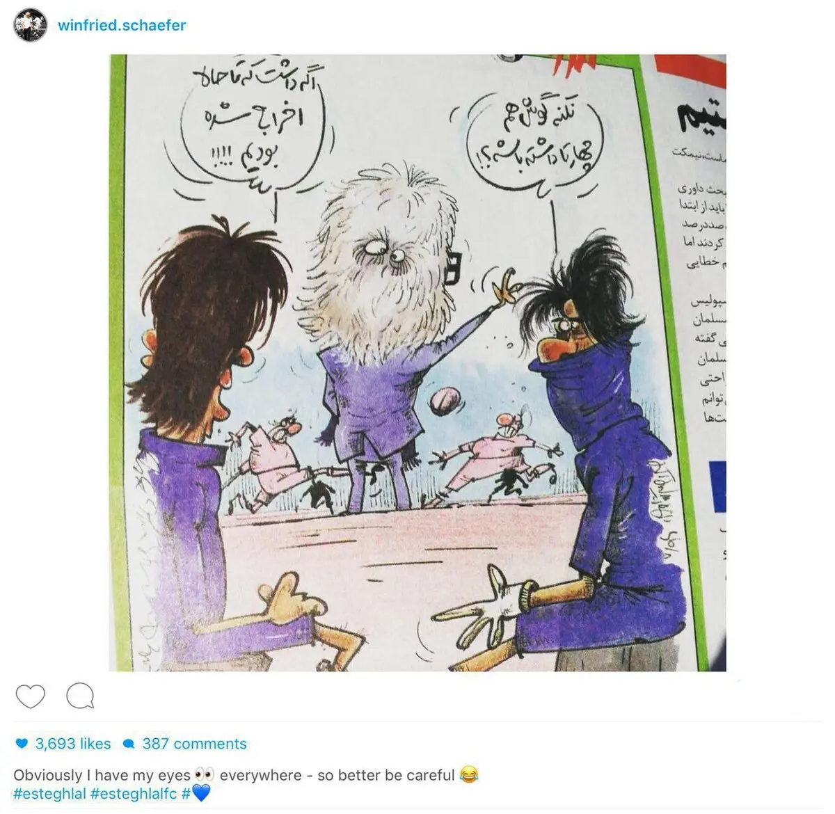 واكنش اينستاگرامى وينفرد شفر به كاريكاتور روزنامه خبرورزشى/عکس