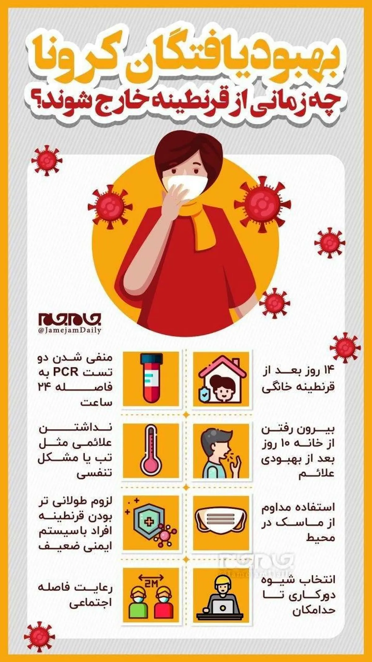 افراد بهبود یافته از کرونا چه زمانی از قرنطینه خارج شوند؟ + اینفوگرافی