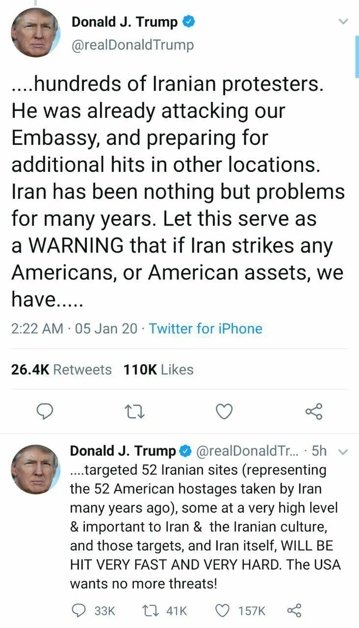 توئیتر / تهدید گستاخانه ترامپ: مناطق و اماكن مهم فرهنگی ايران را می‌زنيم!