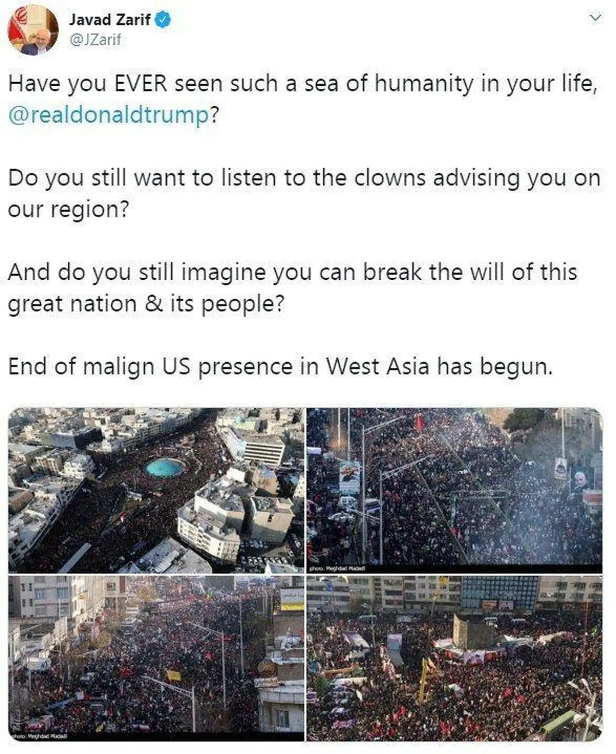 توئیتر / ظریف خطاب به ترامپ: آیا چنین «دریای انسانی» دیده‌ای؟