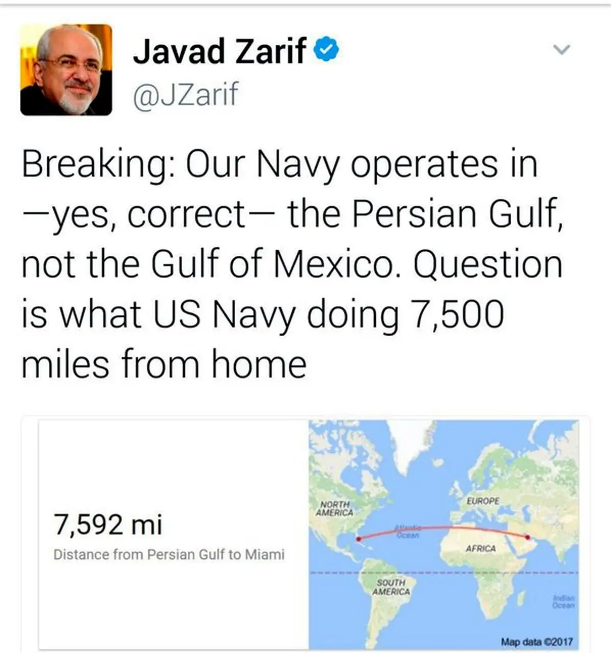 ظریف: نیروی دریایی آمریکا ۷۵۰۰ مایل دور از خانه خود چه می کند ؟