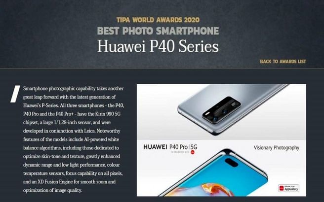 انجمن TIPA عنوان «بهترین دوربین عکاسی» را به گوشی‌های سری Huawei P40  اعطا کرد