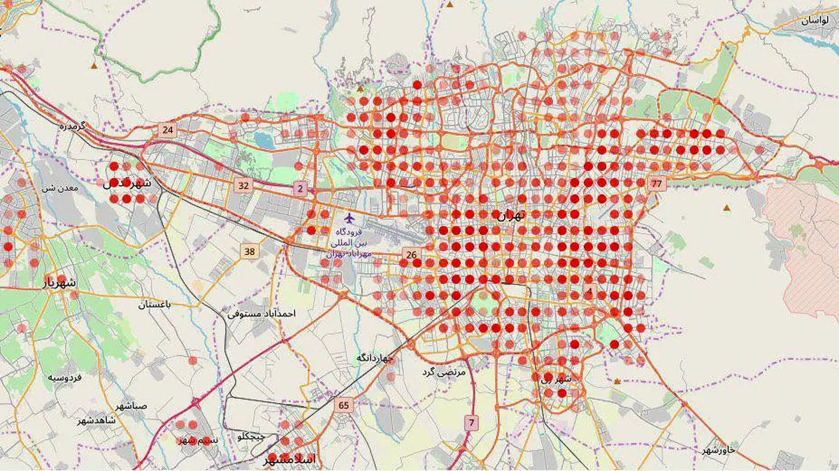 نقشه میزان خطر احتمال به کرونا در تهران