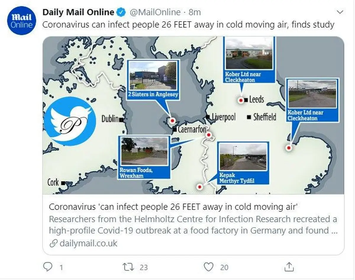 انتقال ویروس کرونا از فاصله 8متری! + توئیتر