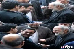 خوش و بش حسین شریعتمداری و سعید مرتضوی در مراسم ترحیم مادر احمدی نژاد /عکس