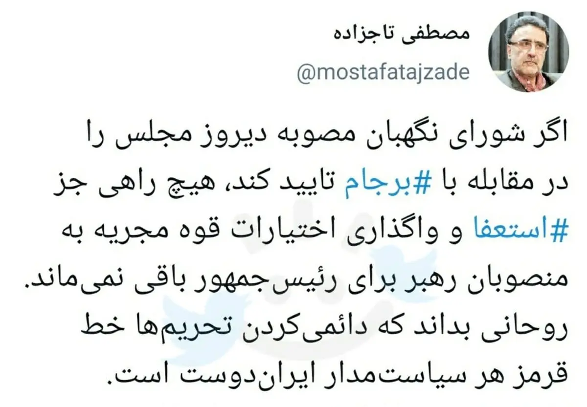 پیشنهاد تاج زاده به دولت در صورت تایید طرح ضدبرجامی مجلس: دولت استعفا دهد + توئیت