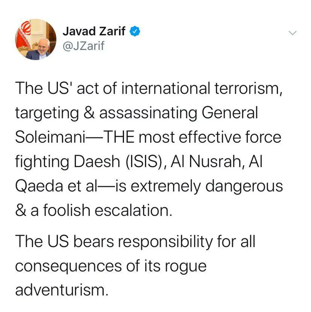 توئیتر / واکنش ظریف به ترور سردار قاسم سلیمانی