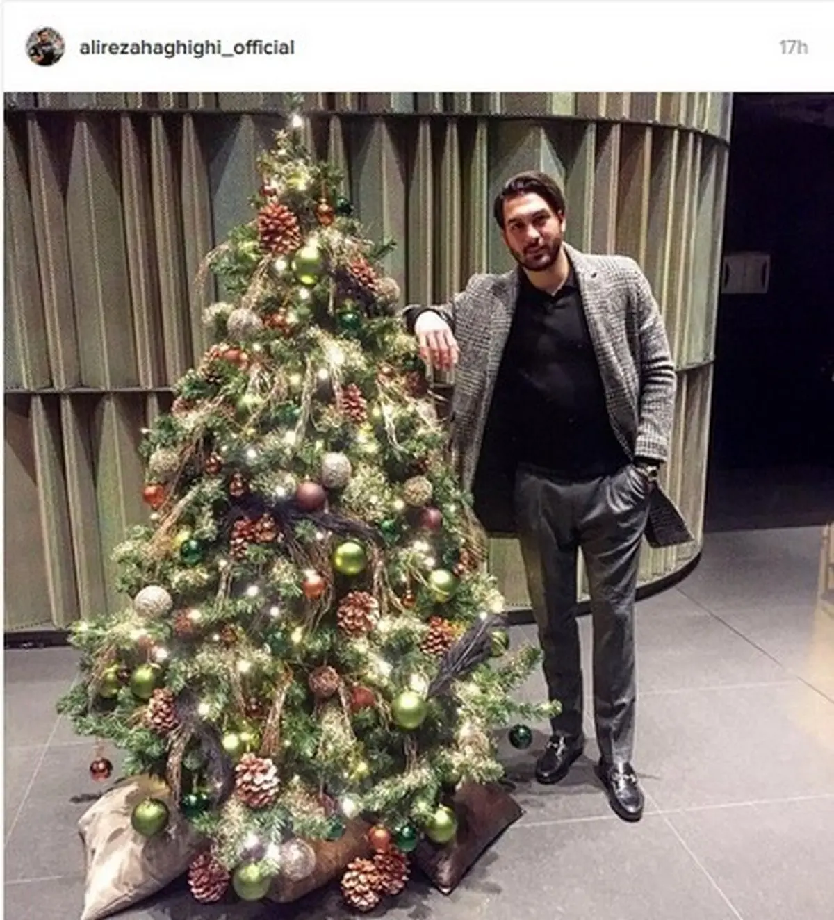 تیپ متفاوت علیرضا حقیقی در کنار کاج کریسمس/عکس