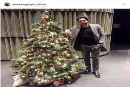 تیپ متفاوت علیرضا حقیقی در کنار کاج کریسمس/عکس