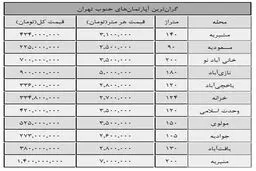 قیمت گران‌ترین خانه‌های جنوب تهران / جدول