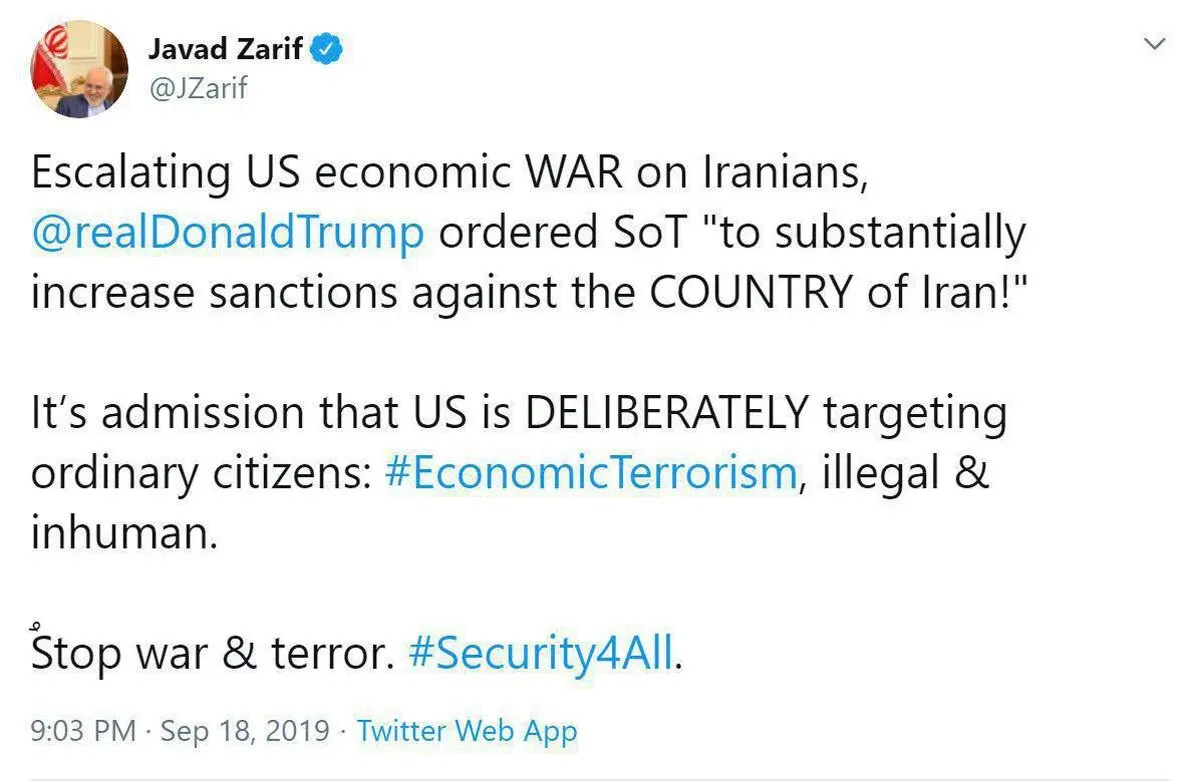 توئیتر / واکنش ظریف به دستور ترامپ برای تشدید تحریم‌ها