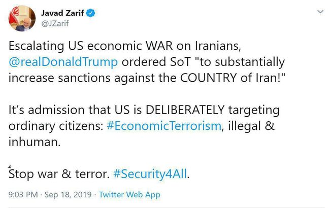 توئیتر / واکنش ظریف به دستور ترامپ برای تشدید تحریم‌ها
