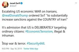 توئیتر / واکنش ظریف به دستور ترامپ برای تشدید تحریم‌ها