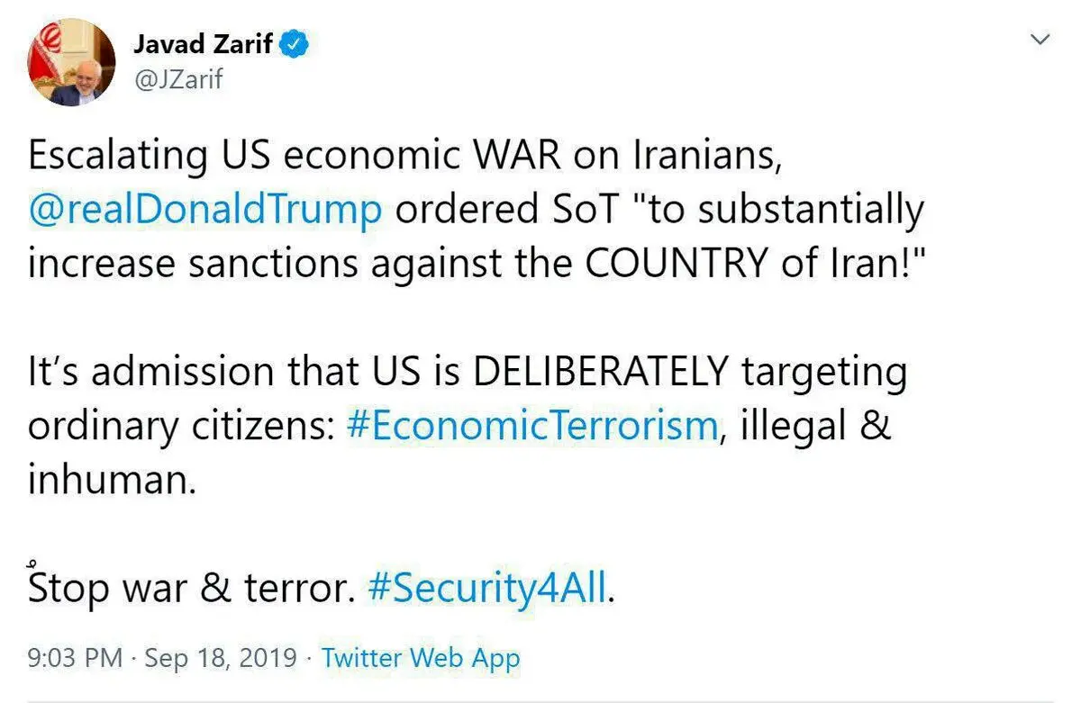 توئیتر / واکنش ظریف به دستور ترامپ برای تشدید تحریم‌ها