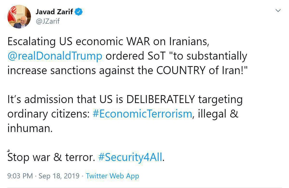 توئیتر / واکنش ظریف به دستور ترامپ برای تشدید تحریمها