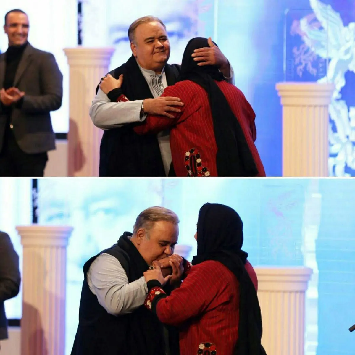 بوسه اكبر عبدى بر دستان همسرش در افتتاحيه جشنواره فيلم فجر/عکس