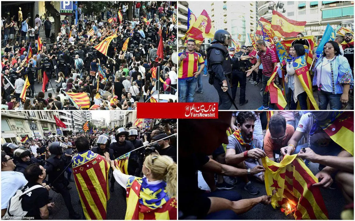 درگیری میان طرفداران و مخالفان جدایی کاتالونیا از اسپانیا در شهر والنسیا/عکس