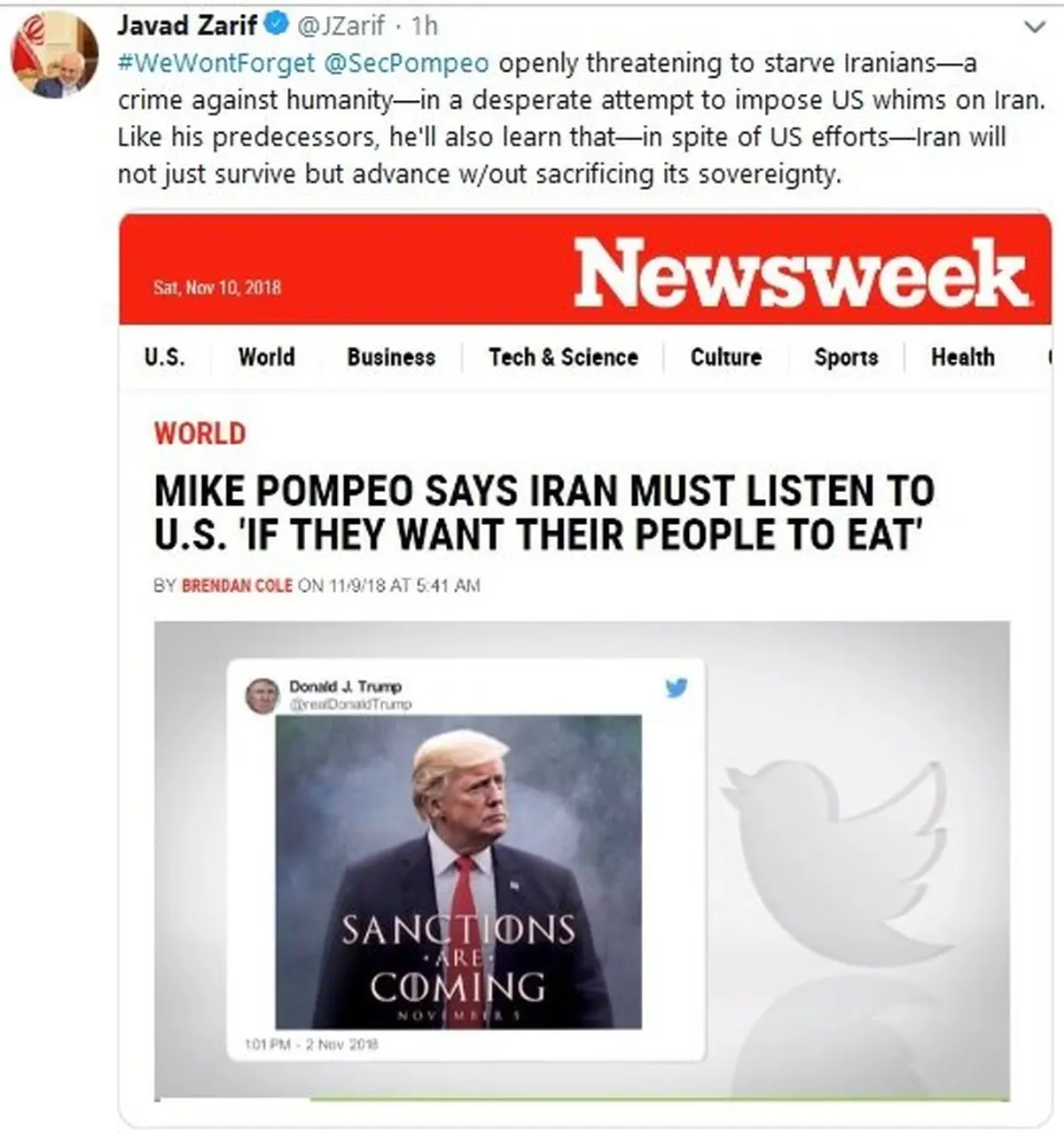 واکنش ظریف به اظهارات پمپئو مبنی بر گرسنه ماندن مردم ایران