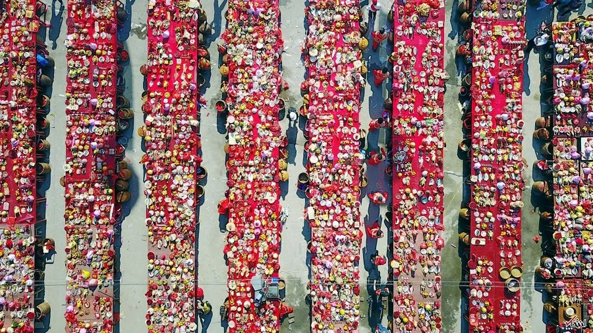 عکس هوایی از ضیافت پذیرایی از گردشگران در لانگاین چین