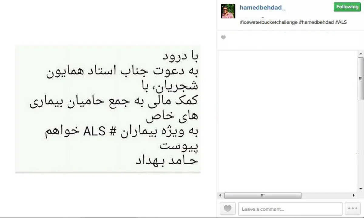 واکنش حامد بهداد به دعوت شجریان برای پیوستن به کمپین سطل یخ/ عکس