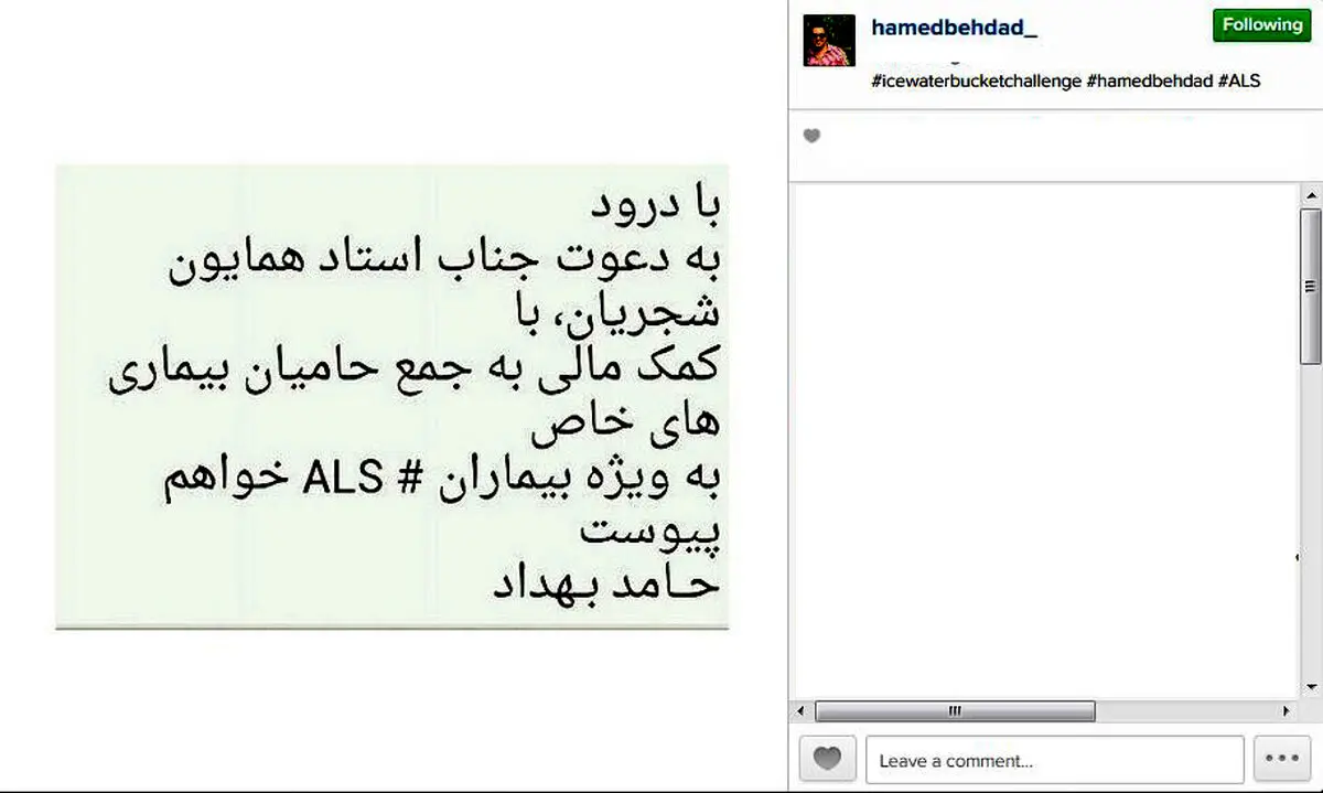 واکنش حامد بهداد به دعوت شجریان برای پیوستن به کمپین سطل یخ/ عکس