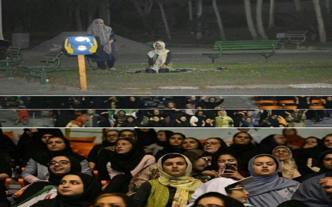 نماز خواندن تماشاگران خانم پس از بازي واليبال ايران/عکس