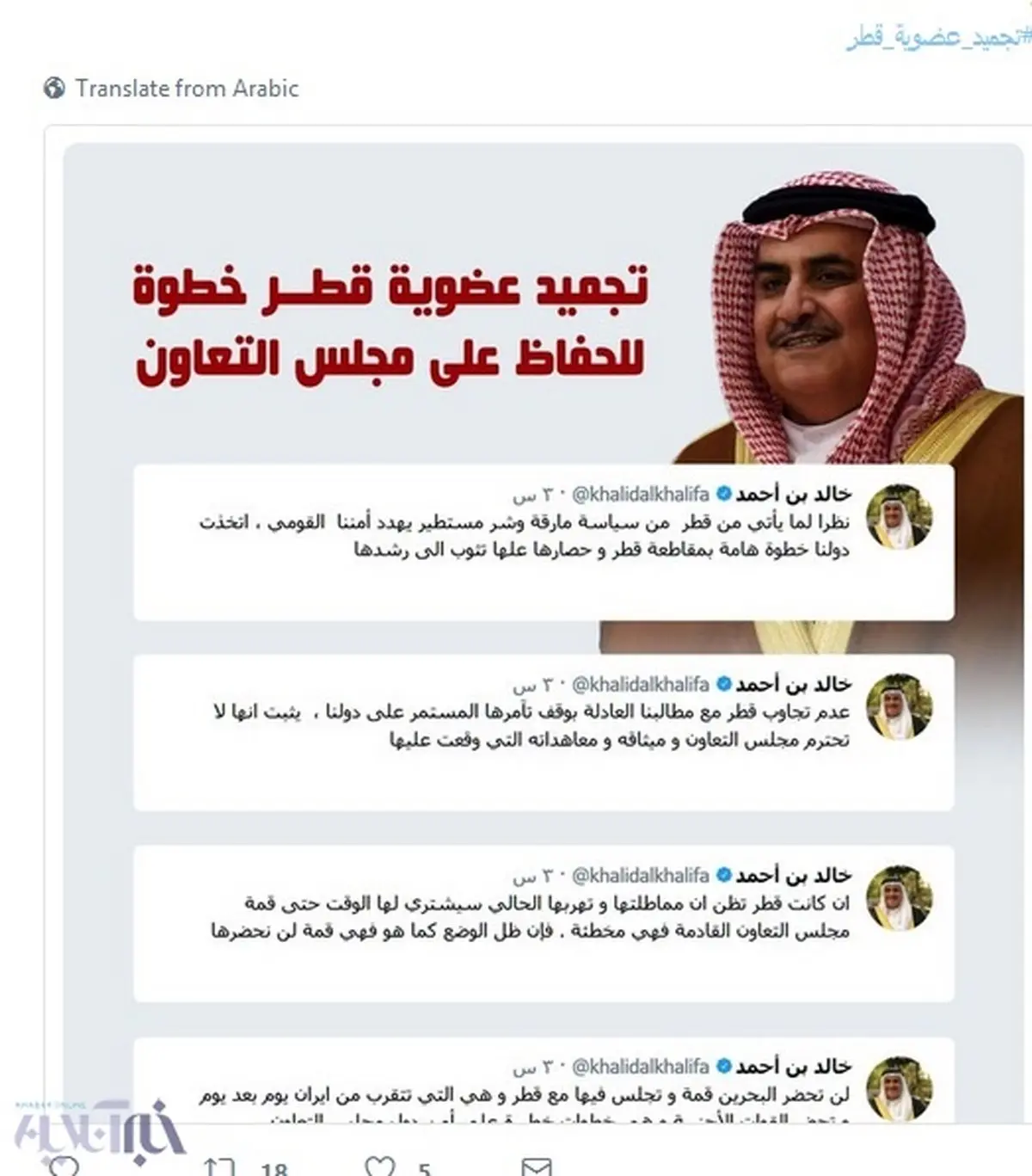 توئیت وزیر بحرینی برای اخراج قطر از شورای همکاری خلیج‌فارس/ عکس