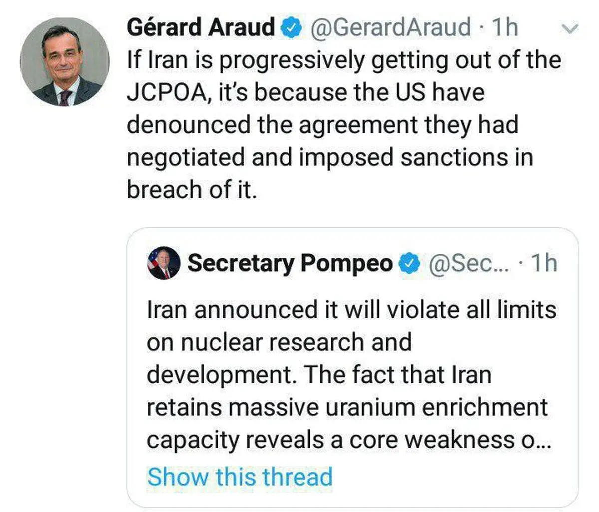 توئیتر / پاسخ محكم ديپلمات فرانسوى به پمپئو