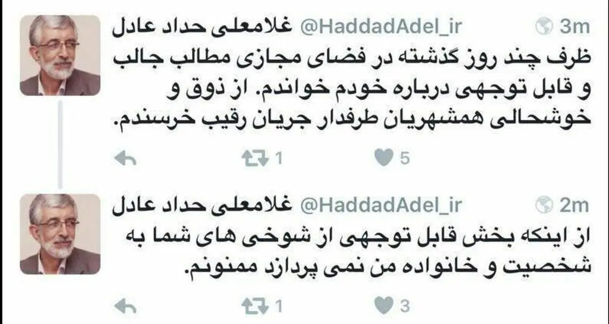 واکنش توئیتری حدادعادل به انتخابات/ عکس