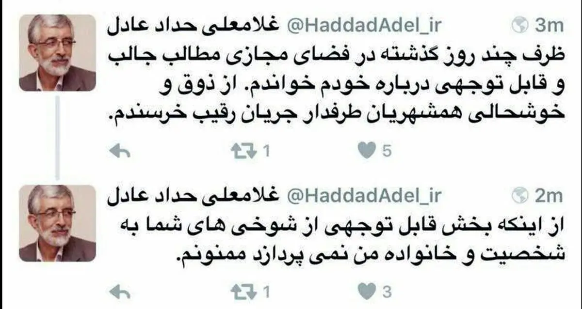 واکنش توئیتری حدادعادل به انتخابات/ عکس