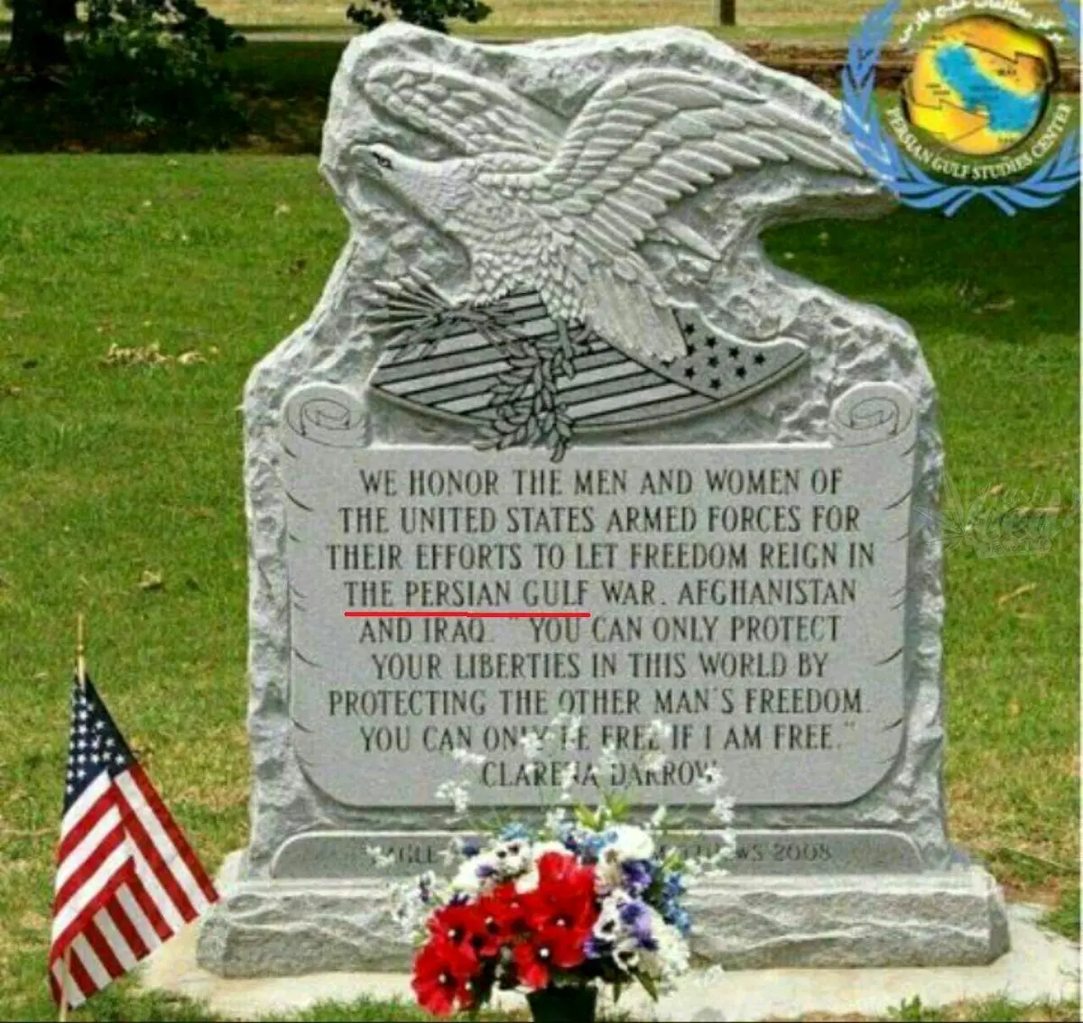 تصویر سنگ قبر سرباز امريكايي که نام خليج فارس بر روی آن حک شده