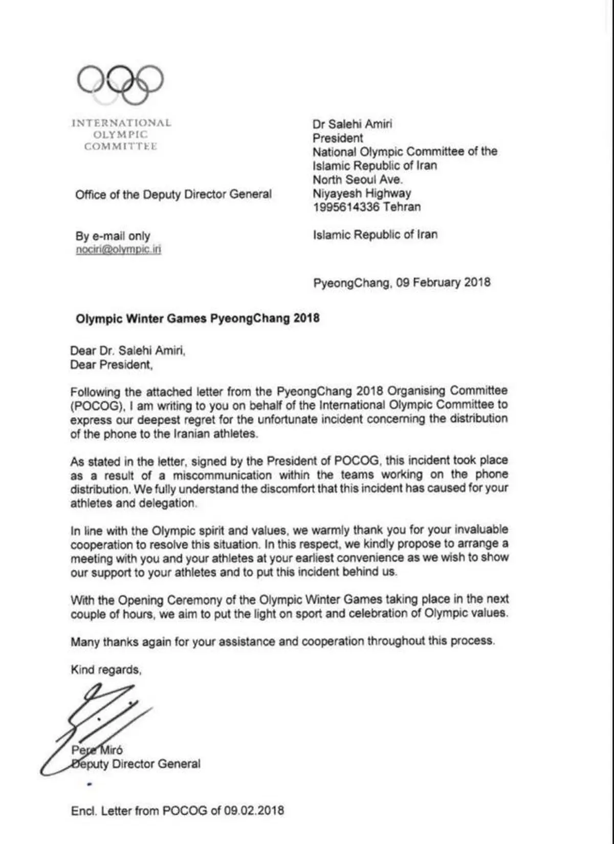 عذرخواهی رسمی برگزارکنندگان المپیک زمستانی از ایران/ تقدیر کمیته از مردم، رسانه‌ها و مسئولان