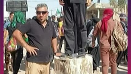 سقوط وحشتناک مجری مشهور از روی بشکه در راهپیمایی اربعین