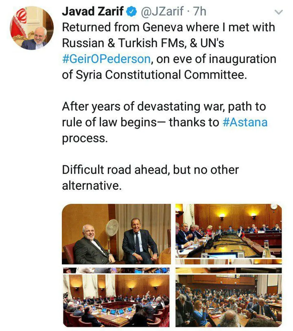 توئیتر / ظریف: روند حاکمیت قانون در سوریه آغاز شده است