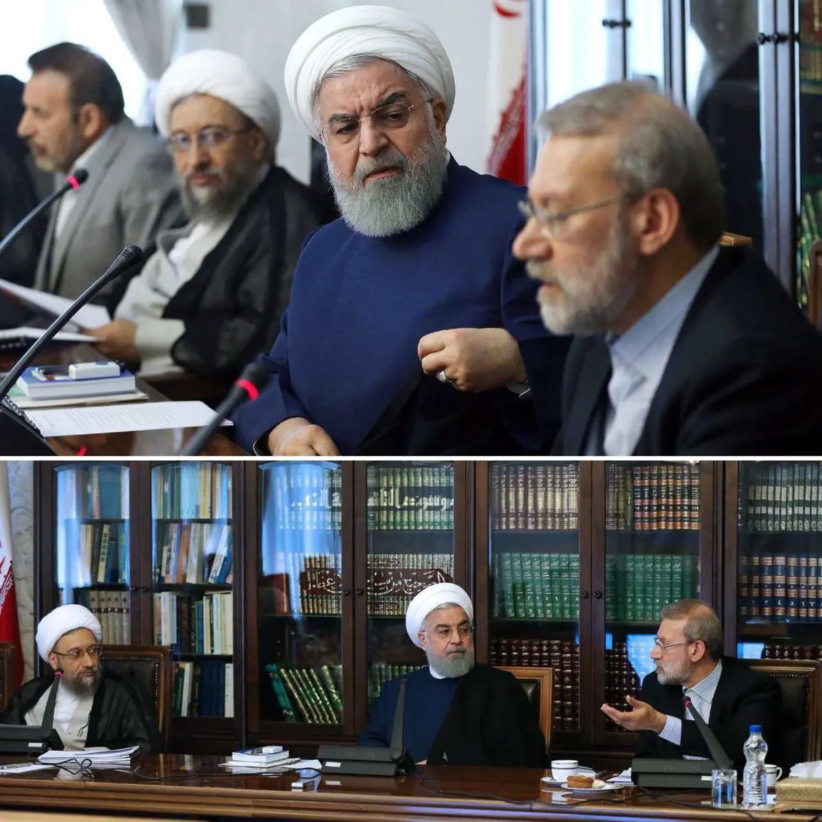 نگاه عصبانی روحانی به لاریجانی در جلسه اقتصادی سران سه قوه /عکس