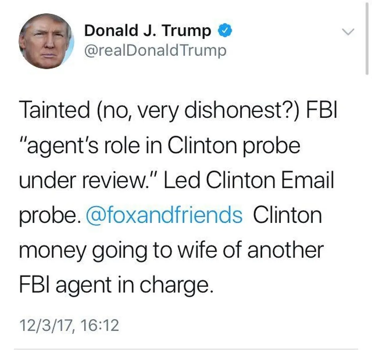 ترامپ: ارتباط مأمور اف‌بی‌آی با کلینتون در حال بررسی است/ عکس